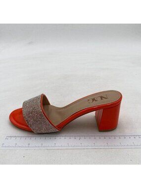Red Rhinestone Chunky Heel Sandal Open Pointed Toe Slip on Mules Shoes